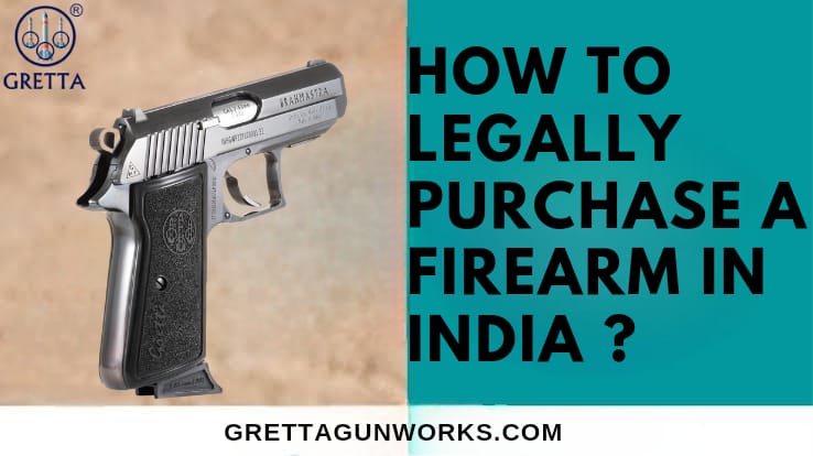 image of a pistol which is a brand of Gretta Gun Works. Pistol name is "Brahamastra" and on right hand side text is written "How to Legally Purchase a Firearm in India"